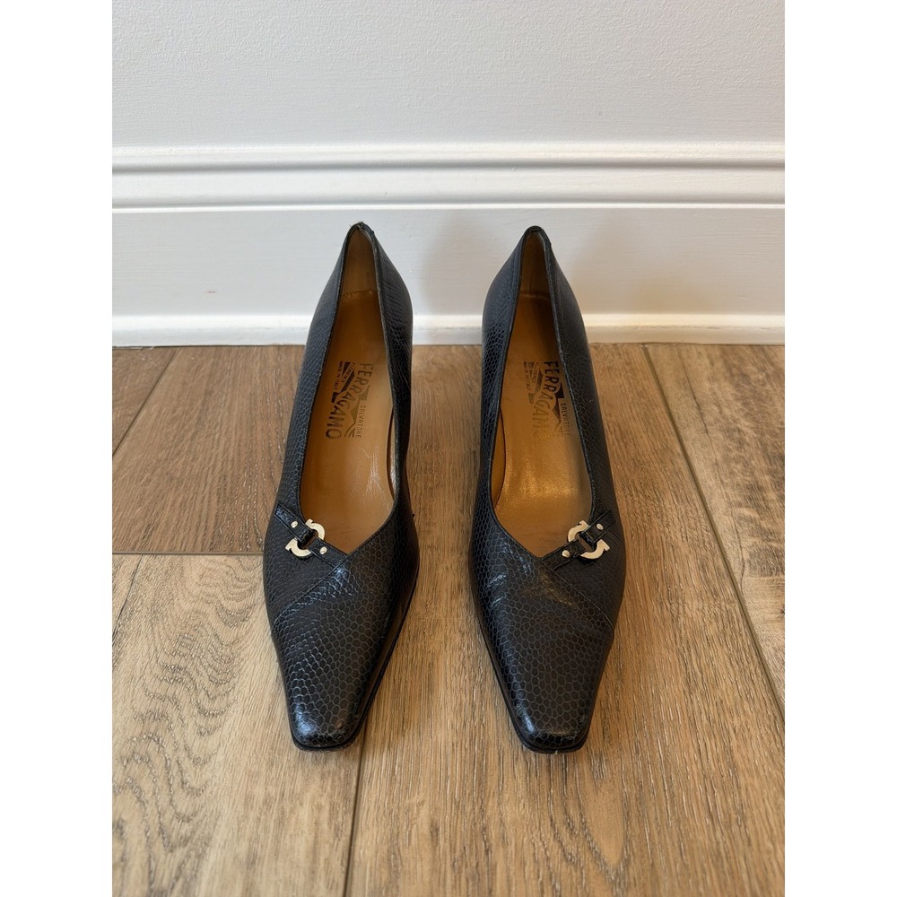 Salvatore Ferragamo Kitten Heel Pumps Women 9 Black Good Embossed Pointed Toe